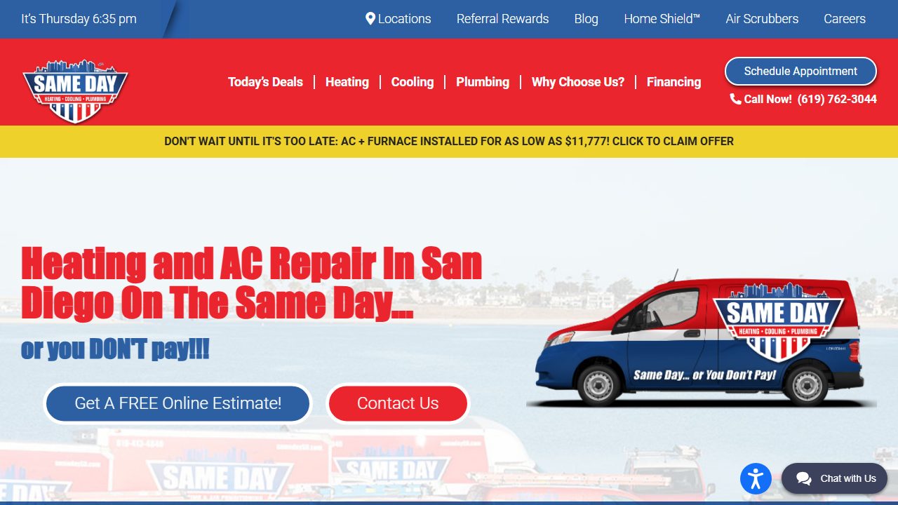 Same Day Heating, Cooling, Plumbing website preview